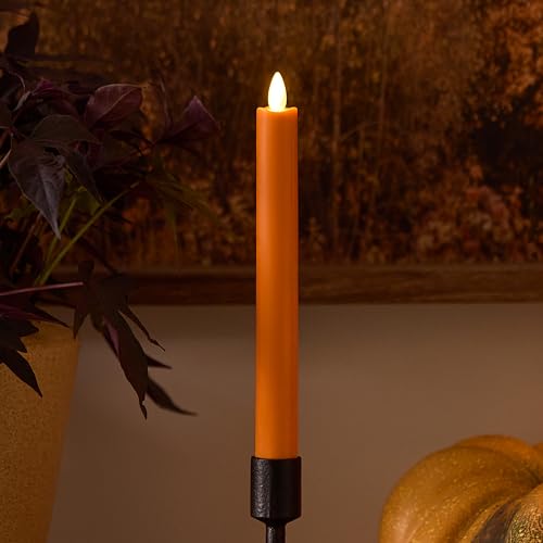 Image of Luminara Taper, 1 inch x 9.5 inch AA Battery Wax Flameless Candle w /Timer, Remote Available Russet Orange Flickering White LED Light Flame, Home Decor for Halloween Fall Indoor Candlestick Decoration
