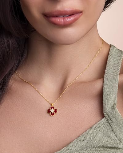 18K Gold Plated Red Maroon Heart Floral CZ Stacked Enamel Pendant Necklace for Women by SNGIA, Dainty Drop Layered Trendy Gemstone Charm Statement Jewelry Gifts, Bohemian Vintage Handmade Unique Exaggerated Cute Thin Skinny Chain Necklace, Summer Beach Fashion Nickle Free Rhinestone Accessories4