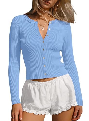 Darong Women's Lightweight Button Down Cardigan Long Sleeve Casual Crew Neck Soft Knit Tops 9236 Blue M