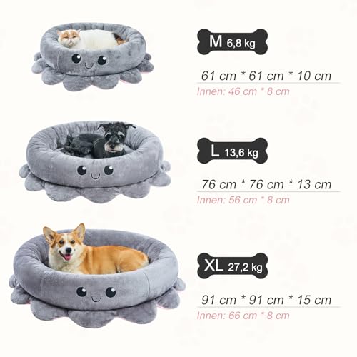 Jiupety süße, beruhigende Hundebetten für große und extra-Hunde, Angstpolster, Octopus-Form, Grau, XL, Boho, rundes Haustierbett mit abnehmbarer Katzenkissen