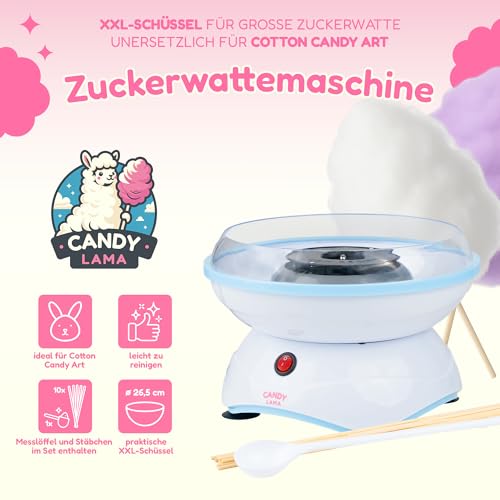 CANDY LAMA Zuckerwattemaschine für Zuhause | Cotton Candy Machine mit Stäbchen und Messlöffel | Zuckerwatte Maschine 400 Watt - Große Schale & Spritzschutz | Ideal für Kinder Party & Events – Bild 3