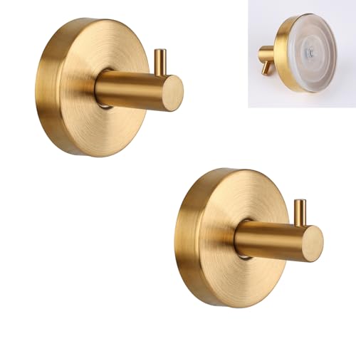 Gancho de toalla de baño con ventosa sin taladro, ganchos con ventosa para ducha, gancho de acero inoxidable, soporte para toallas de ducha para baño, cocina, puerta de cristal, espejo, (dorado, 2