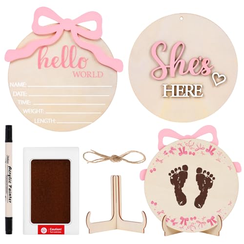 Whaline 2Pcs Baby Announcement Wooden Signs 3D Pink Bow Hello World Newborn Name Sign She' Here Welcome Board with Hand & Footprint Ink Pad for Baby Girl Birth Shower Photo Prop
