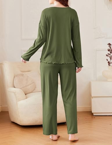 Ekouaer Womens Ribbed Knit Pajamas Set V Neck Long Sleeve Pj Set 2 Piece Loungewear Casual Sleepwear
