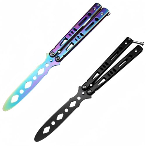 Lajiakoy Butterfly Trainer 2 PCS Butterfly Messer Trainingsmesser Unbekannte Klinge Stainless Steel Butterfly Kamm Practice Tool for Practicing Flipping Tricks(Schwarz Bunt) (2 Stücke)