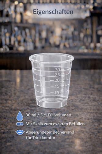 buxmed 80 Stück Shotbecher transparent 3 cl mit Skala – Schnapsgläser Plastik, Shotgläser, Pinnchen, Becher für Shots, BPA frei, stapelbar, Party Zubehör & Dosierbecher