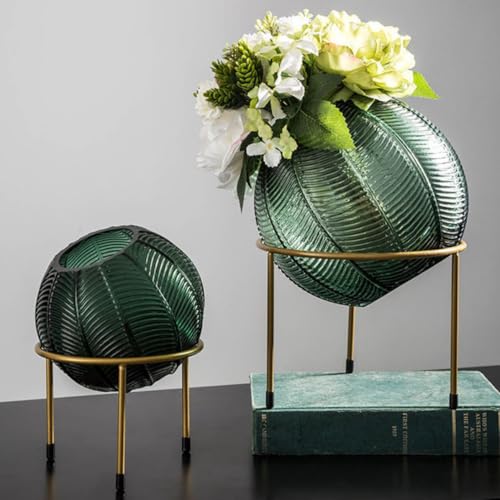 Vase en verre transparent anti basculement support fer vert