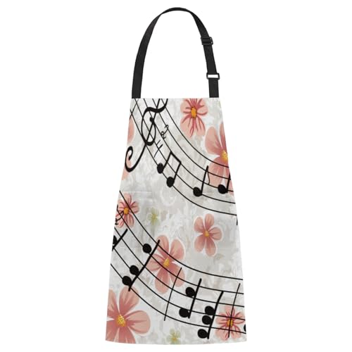 Aglebo Vintage Floral Musical Notes Chef Apron with Pockets Adjustable Shoulder Strap Waterproof Cooking Apron for Kitchen Baking Gardening Pottery Painting