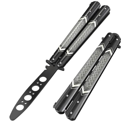 GOOD WORKER Butterfly Trainer - Practice Balisong Butterfly Knives NOT Real NOT Sharp Blade - Cool Design - Black Dull Trick Butterfly - Butter Fly Training - Fathers Day Dad Gift K14B
