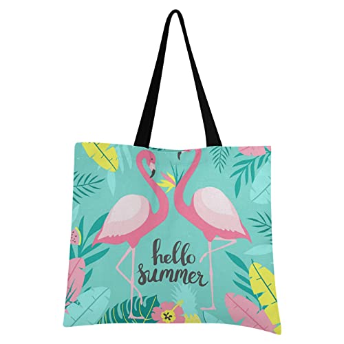 Turquoise Tropical Palm Leaves Two Pink Flamingos Hello Summer Women Large Casual Handbag Grocery Reusable Tote Bag Canvas Shoulder Bags for Shopping Travel Outdoors