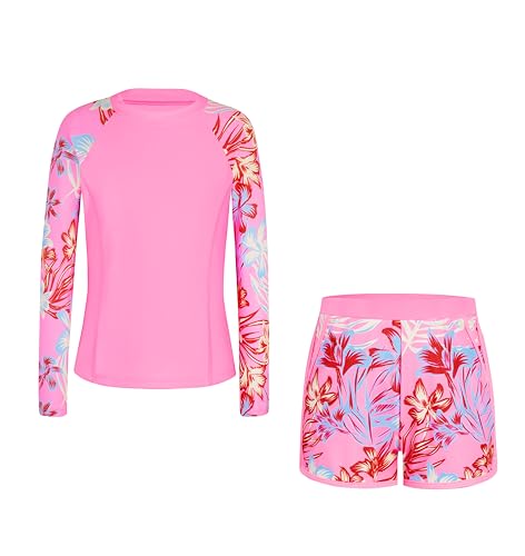 Image of Alakuoti Girls Rash Guard Swimsuit Two Piece Bathing Suit UPF 50+ Sun Protection Long Sleeve Swimwear 6-14 Years