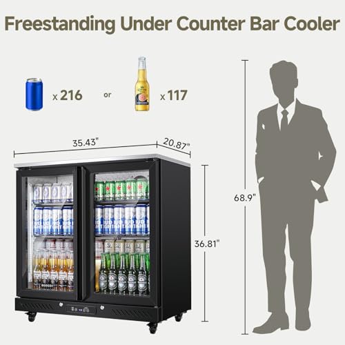 BODEGACOOLER Back Bar Cooler with 2 Glass Doors,7.7 Cu.ft Commercial Back Bar Beverage Refrigerator Counter Height,LED Lighting for Soda Drinks,Beer,Wine Stainless Steel Top,DOE Approved,4 Casters on Fridge.com