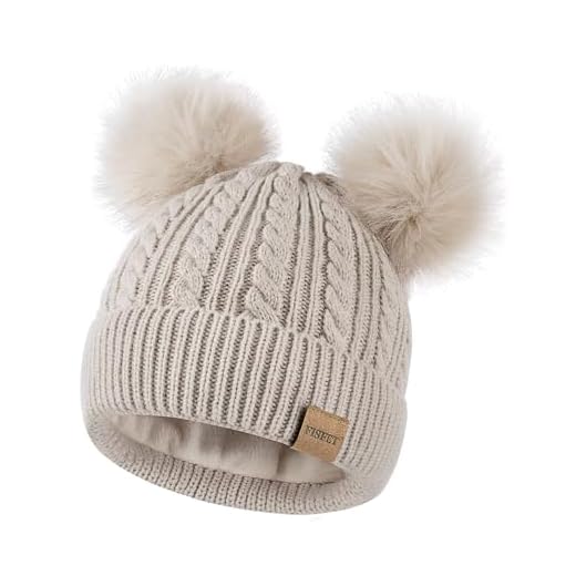 Beanies Women with Double Pom Pom, Winter Hats for Women Cold Weather Warm Cable Knit Fleece Lined, Cute Beanie Cap for Daily Use(Oatmeal)