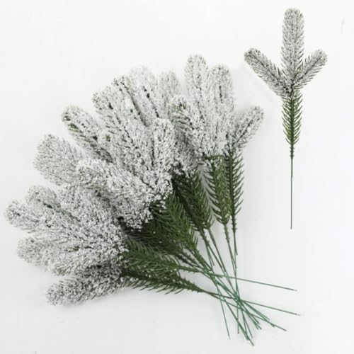 Hotfiary 60 Pcs Artificial Pine Needles Branches 9.44 Inch Christmas Greenery Plants Faux Pine Leaves Picks Frosted Flocked Fakse Pine Sprigs for DIY Garland Wreath Craft Vase Filler Home Garden