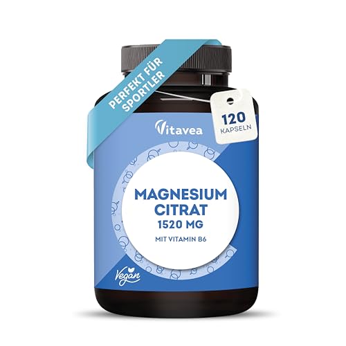 Magnesiumcitrat - 120 vegane Kapseln - 1520 mg Magnesium Citrate pro Tagesdosis - Perfekt für Sportler - Muskelnfunktion, Nerven & Energie - Mit Vitamin B6 - Laborgeprüft, Ohne Zusatzstoffe - Vitavea