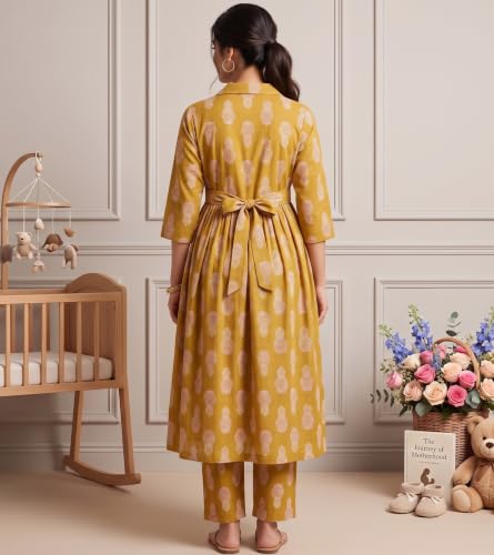 Image of DUMMY SHAPE Maternity Dresses for Women Cotton | Floral Kurta Pant Dupatta Set with Nursing Zippers, Side Pocket | Pre & Post Pregnancy | Feeding Kurti Suit | Baby Shower | Gifts for Pregnant Woman