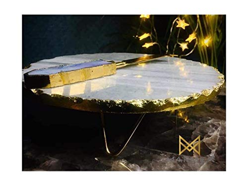 Marmex Brand | Cake Platter in White Marble with Gold Chipped Layer (12 Karat Gold) | Knife Not Included