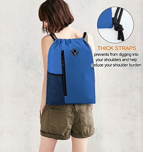Image of BeeGreen Royalblue Draw Strap Backpack For Men With Water Bottle Pocket &Front Zippered Pocket Large String Bags For Traveling Yoga Beach Outdoor Gym