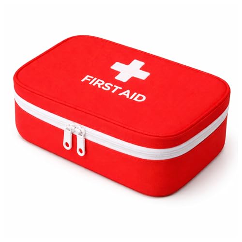 Image of First Aid Kit Bag Portable Medicine Storage Box with Handle Multi-Utility Emergency Organizer with Mesh Pouch & Elastic Loops Spacious & Lightweight Ideal for Home, Travel, Camping & Car Red