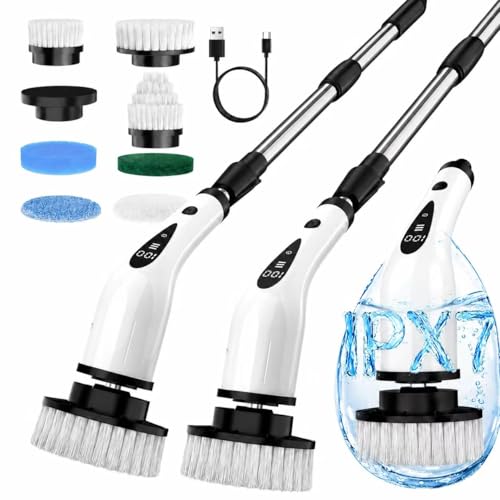 Image of Electric Spin Scrubber, 3-Speed Flat End Brush with 8 Brush Heads & Base, IPX7 Waterproof, Adjustable Long Handle, Digital Display, 2500mAh Fast Charging, for Bathroom, Tub, Tile, Floor