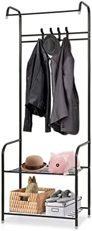 Trintion Coat Rack Stand with Shoe Rack Removable Hooks Clothes Rail Garment Rack Clothe Hangers Free Standing Metal Open Wardrobe Entryway Storage Organiser for Hall Bathroom Living Room 163 cm Black