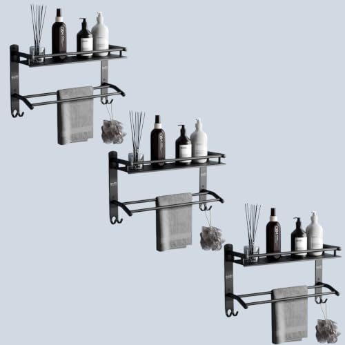 Image of GLOXY Premium Combo Pack of 3 Washroom Storage Organizer - Black Matte Finish Bathroom Stainless Steel Shelf with Towel Holder Rods - Bathroom Fittings Accessories Set for Home, Office & Restaurants