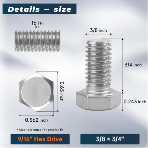Image of 8 Sets Glvaner 3 /8-16 x 3 /4 inch Stainless Steel Hex Head Screws Bolts, Nuts, Flat & Lock Washers, 18-8 (304) Stainless Steel, Full Thread, Coarse Thread
