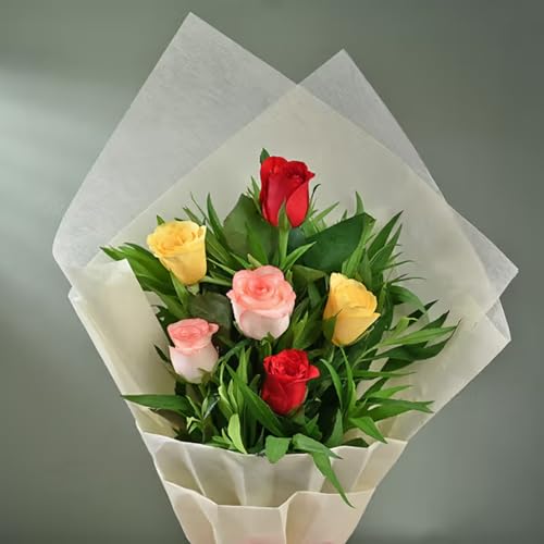 Image of FlowerAura Premium Fresh Live Flower Bouquet of 6 Mix Roses In Wrapping Paper Gift For Birthday | Anniversary | Love | Home Decor | Fathers Day Gift For Dad (Same Day Delivery)