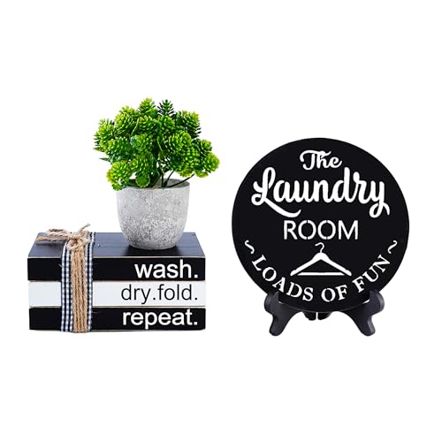 Dazingart Farmhouse Laundry Room Signs, Rustic Laundry Themed Tiered Tray Decor, Mini Wood Wash Dry Fold Repeat Signs, Black and White Wooden Book Stack For Housewarming Gifts (laundry)