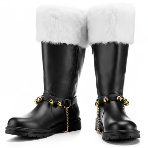 Halfchet Christmas Santa Claus Boots with Brass Bells for Men Large White Long Hair Plush Cuffs Santa Combat Boots (13,Brass Bells)
