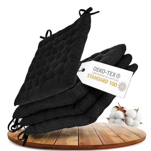 Gräfenstayn® Set de 4 Cojines, Cojines para Silla de 40 x 40 x 5 cm para Interior y Exterior de 100% algodón Acolchado Grueso/cojín para el Suelo (Negro)