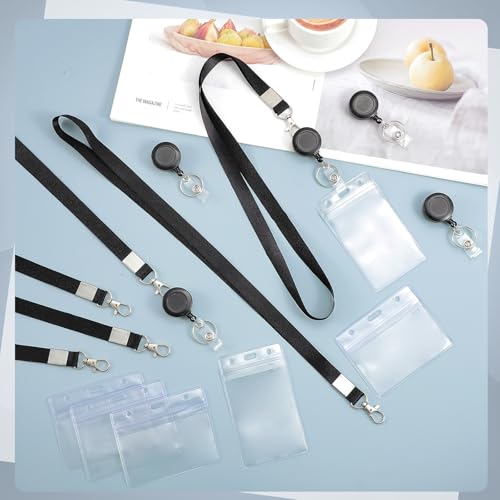 Ausweishülle mit Band Set, 12 Stück Transparente Horizontal und Vertikal Kartenhülle ID Card Holder mit Einziehbarem Schlüsselanhänger für Zuhause Büro Schule