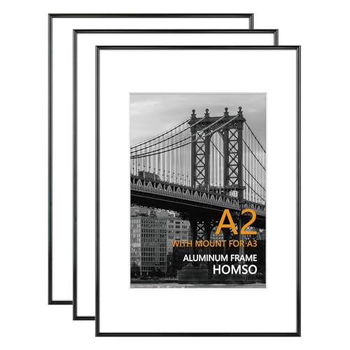 Image of Homso A2 Frame in Black Set of 3, Metal Thin Board Poster Picture Frame with Acrylic Plexiglass for Pictures A2 with Mat or 11.7x16.5 without Mat for Horizontal and Vertical
