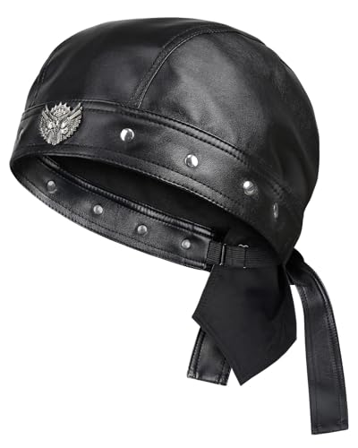 NTAWYT Leather Biker Hats for Women Cycling Skull Cap Adjustable Doo Rag Black Bandana
