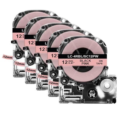 2PK 5PK SS12KW 12mmラベルテープLW-300 400 600p SS12KW 4WBN SC12YWラベルテープと互換性のあるラベルメーカー(5PK Black on Pink)