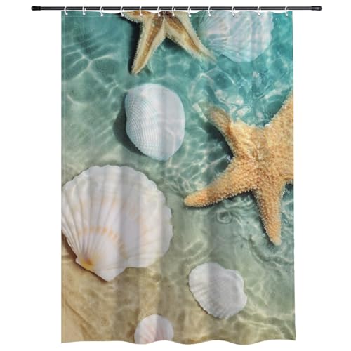 Duschvorhang mit Muscheln & Strand, schimmelresistent, maschinenwaschbar, wasserdicht, Duschvorhang für Feuchtraum, mit Haken, Polyestergewebe, Badvorhänge, 152 x 182 cm, Heimdekoration