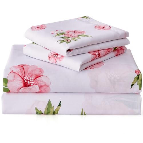 Image of Cozyholy Queen Sheet Set White Pink Floral Bed Sheets Set Cute Soft Microfiber Cooling Sheets 4 Pieces Queen Size Bed Set Wrinkle Free, 15 inch Deep Pocket Fitted Sheet, Flat Sheet, Pillowcases