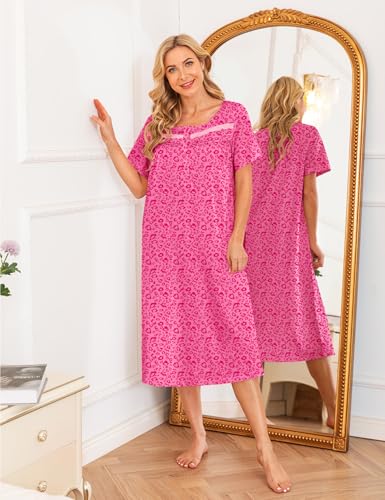 Image of Bloggerlove Nightgowns for Women 100% Cotton Soft House Dress | 100 Full Cotton, Button Neck, Knee Length, Lace Trim Floral, Breathable, Skin-frieend, Loose Fit, Comfy Sleepwear