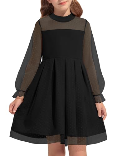 Haloumoning Girls Contrast Mesh Puff Long Sleeve Dresses Mock Neck Formal Party A Line Short Tulle Dress 5-14 Years