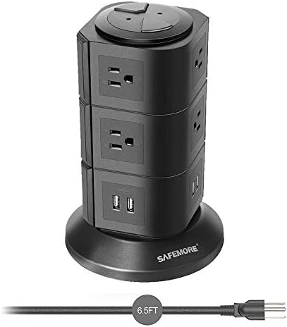 SAFEMORE 10 Outlet Power Strip Surge Protector with 4 USB Charger Ports, Convenient One-Way Push Button,Flexible Tower Power Strip with 6.5Ft Heavy Duty Extension Cord Black