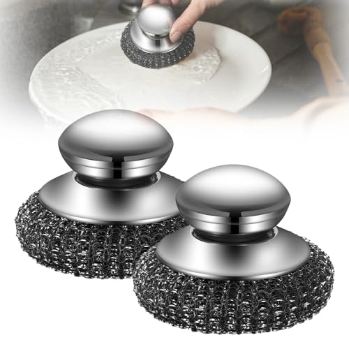 Stainless Steel Wool Scrubber with Handle,2025 New Steel Wool Scrubber with Handle,Replaceable Steel Brush Wool Pads,Detachable Metal Scrubber for Dishes,Iron Pots,Stoves (Scrubber/2pcs)