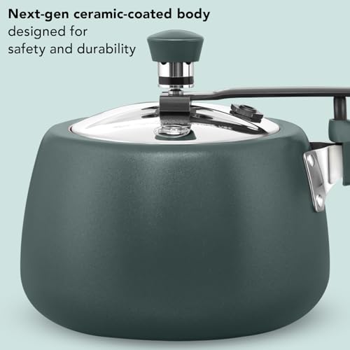 Image of Hawkins Cerenity 3L Pressure Cooker | Ceramic Coated Body | Contura Shaped | Induction & Gas Compatible | Cook Rice, Dal & Curries | ISI Certified | 5 Year Guarantee | Olive Green (ICG30)