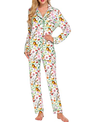 Image of Ekouaer Comfy Pajamas Set Long Sleeve Button Down Sleepwear Soft Two Piece Pjs for Women Set Casual Wear,White-Animal,L