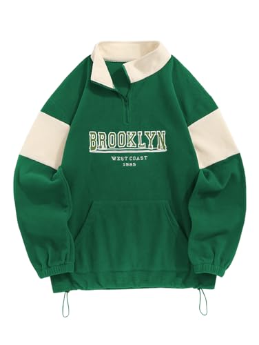 ZAFUL Men's Polar Fleece Sweatshirt BROOKLYN WEST COAST Embroidered Quarter Zip Kangaroo Pocket Color Block Stand Collar Pullover (1-Deep Green, S)