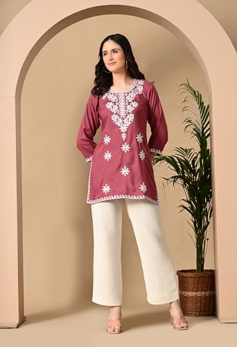 Image of LIBOZA Women's Chikankari Embroidered Short Kurti, Rayon Fabric, Three-Quarter Sleeves, Available in Pink, Black, Mustard Yellow, White, Pista and Green