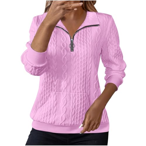 Pink Jumpers for Women UK Sweatshirts for Women UK Cable Knit Jumpers Lapel Half Zip Pullover Ladies Thermal Sweatshirt Long Sleeve Tops Spring Sweaters Warm Tunics for Office Work Going Out Wear