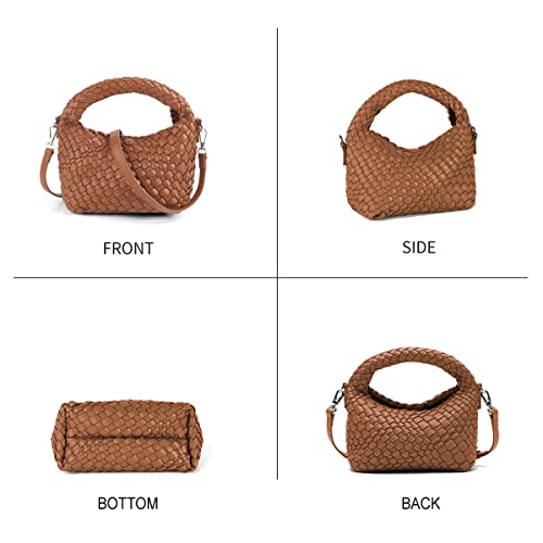 Women Woven Leather Handbag,Manmade Small Lightweight Shoulder Crossbody Bag,Fashion Top Handle Tote Clutch(BROWN)