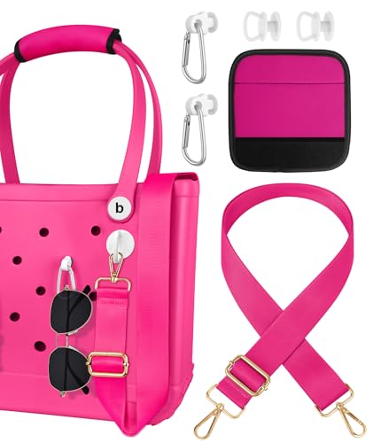 Image of Bag Strap Crossbody Charms for Bogg Bag Accessories - Shoulder Strap Neoprene Luggage Handle Wrap for Suitcase & 2 Key Holders Pink