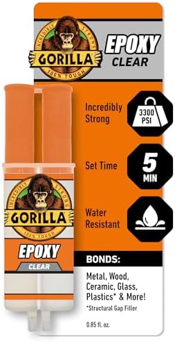 Gorilla Glue Epoxy, Dries Clear, Gap Filling, Indoor & Outdoor, Water Resistant, 5 Minute Set, Dries Clear Transparent, 0.85oz/25mL, (Pack of 1) 4200602