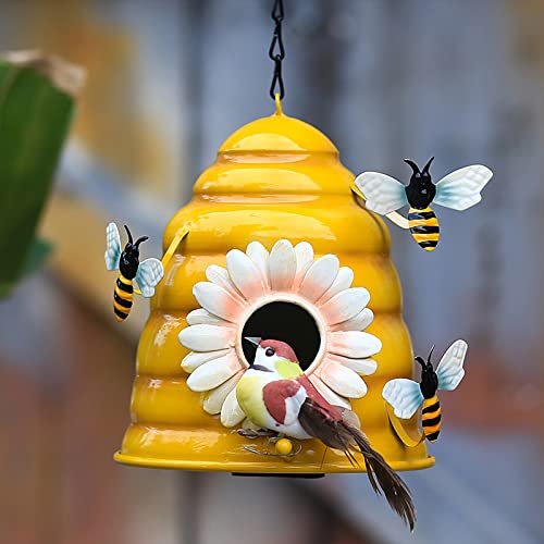 Fqqwee Beehive Bird House For Outside 6.5Inch Iron Decorative Hanging Birdhouses With Bee Ornaments Outdoor Weatherproof Bird Nest Houses For Wild Birds Small Bird Finch Cardinal #TOP2
